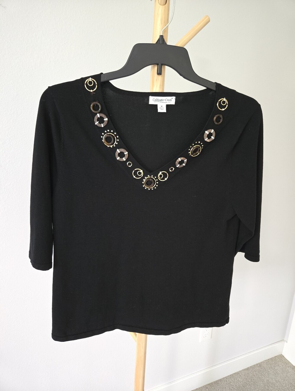 Coldwater Creek Black V-Neck Short Sleeve Top with Wood Like And Gold Accents -